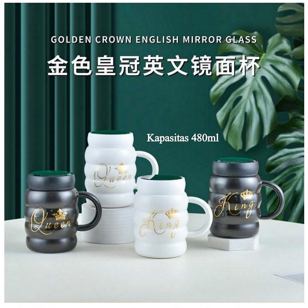 Mug Keramik Tutup Putar / Gelas Keramik Tutup Cermin King / Queen XW708-21 Cangkir Kado Souvenir 480