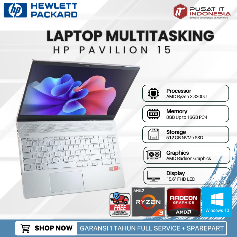 HP Pavilion 15-CW1002AU AMD Ryzen 3 RAM 8GB SSD 512GB Windows 10 Layar 15,6" - Kotakom