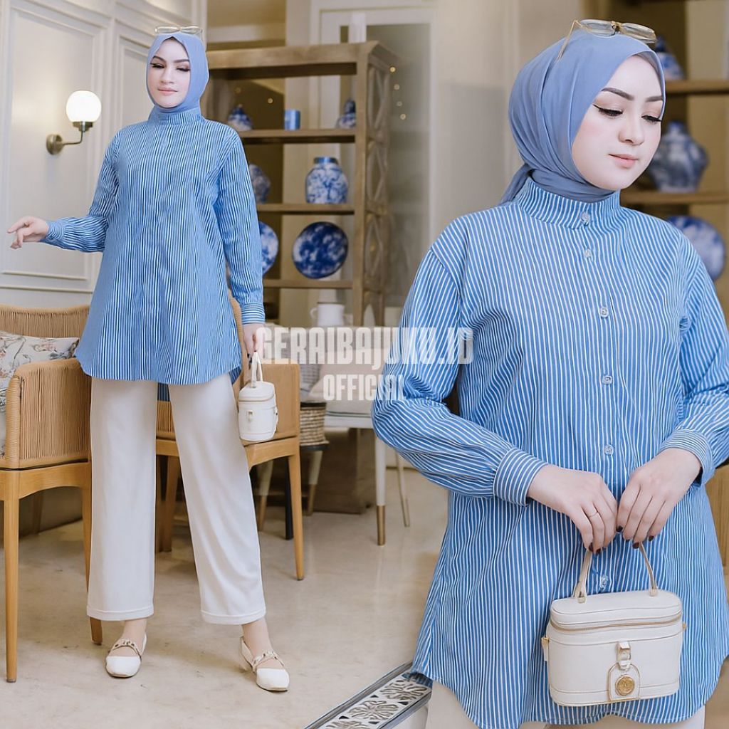 Shireen Tunik Stripe |  Atasan Tunik Panjang Wanita Muslim Remaja Dewasa Katun Salur