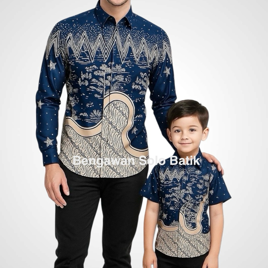 BATIK KATUN SILKY BIRU NAVY TANPA FURING,couple ayah,anak, rok lilit dan plisket warna biru dongker