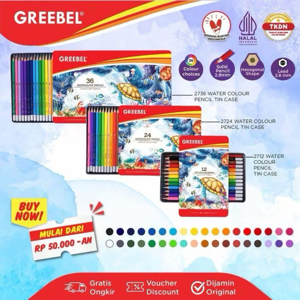 Pensil Warna GREEBEL Water Colour 12/24/36 Kemasan Kaleng (Tin Case)