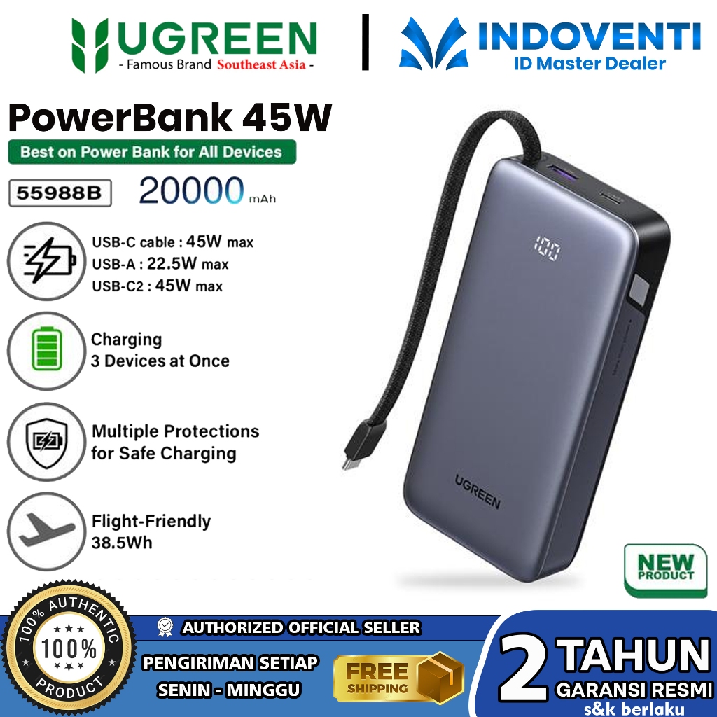 UGREEN Power Bank Retractable 20.000mAh PD Fast Charging 45W 65W 67W PowerBank Laptop iPhone Samsung