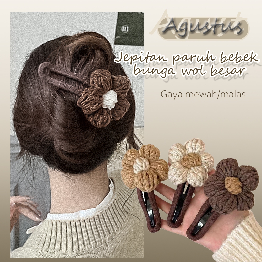 Jepit rambut bebek wol ukuran besar dengan sanggul bunga untuk bagian belakang kepala wanita