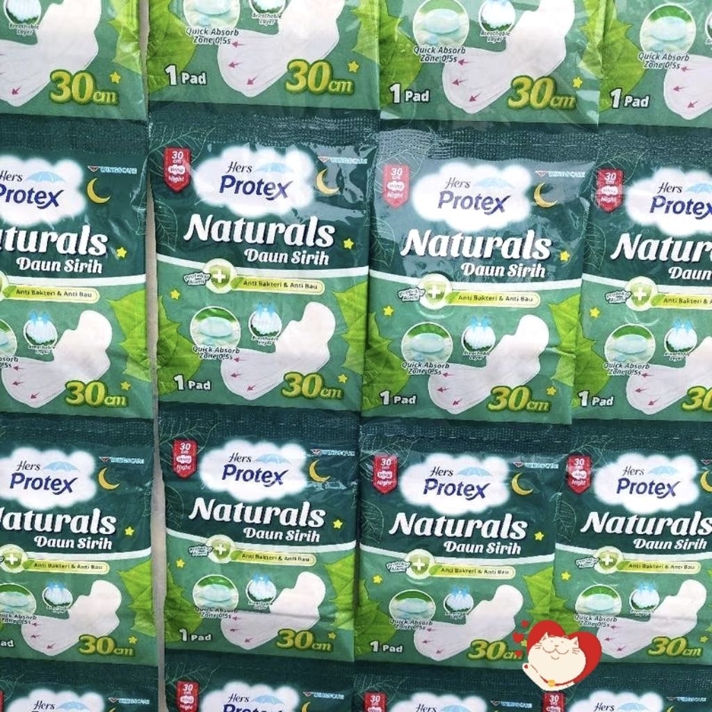 Pembalut wanita naturals Daun sirih 30cm (wing/sayap) Hers Protex Daun sirih 30cm isi 50 renceng