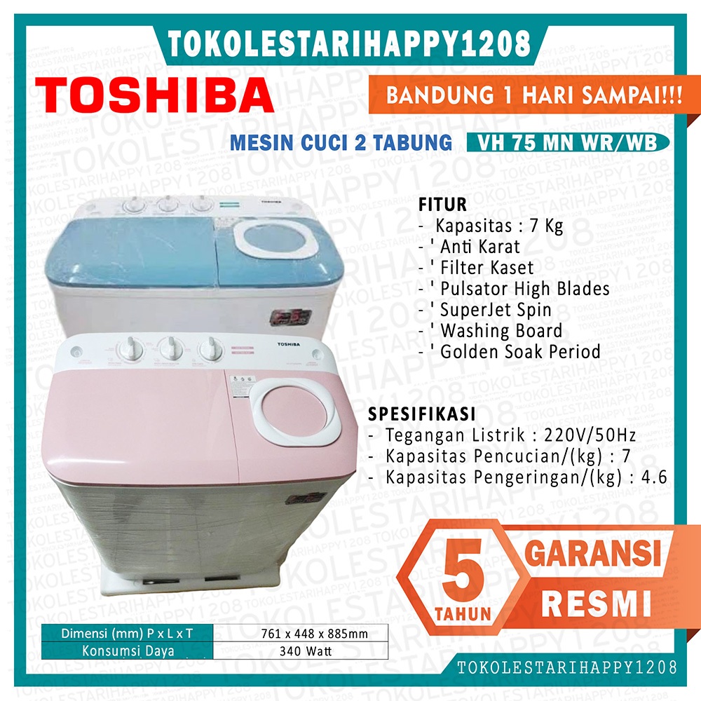 MESIN CUCI TOSHIBA VH-H75MN / WB / WR - 7 KG - 2 TABUNG TWIN TUB - MESIN CUCI TOSHIBA VH H 75 MN