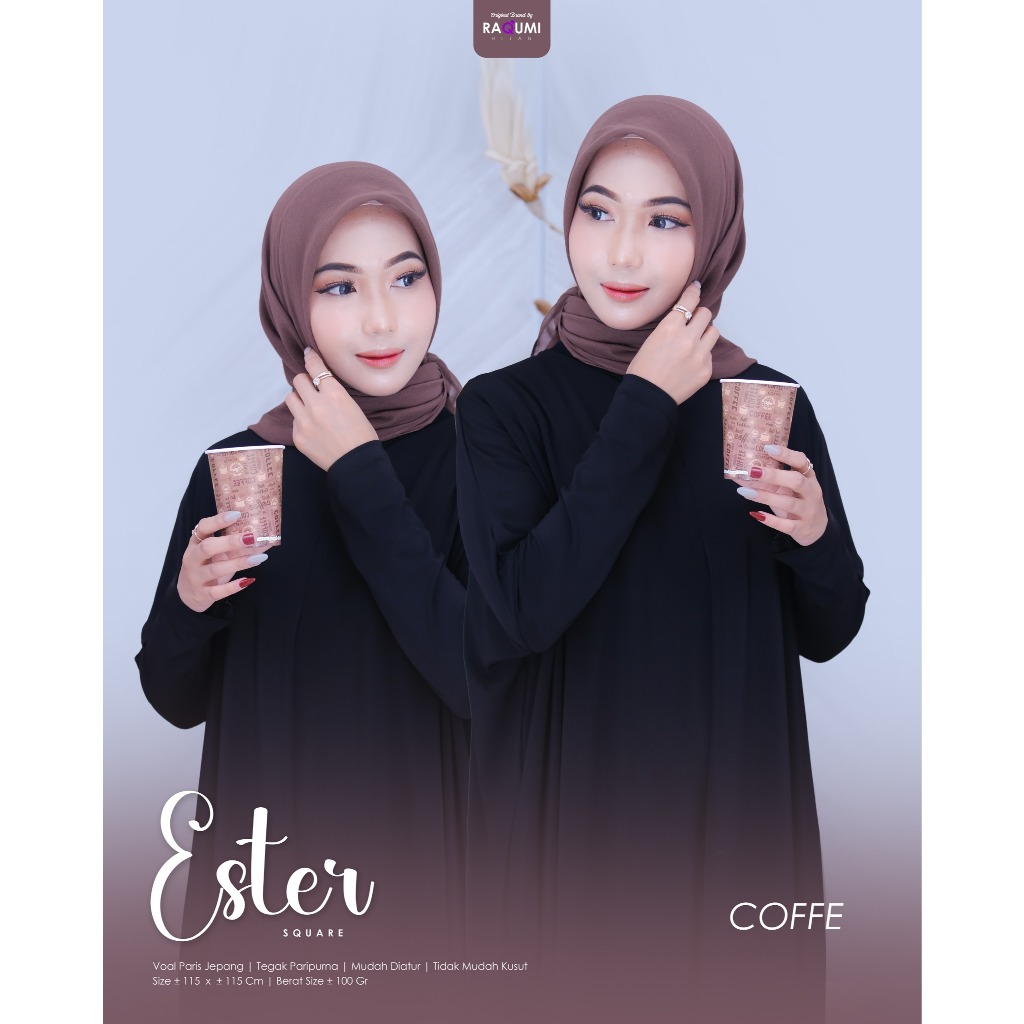 Ester Square Original Raqumi Hijab Voal Paris Jepang Size 115 x 115 Jilbab Segi Empat Ester Raqumi h