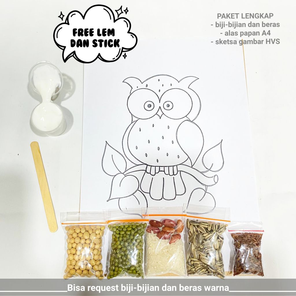 ( BURUNG HANTU ) Paket lengkap kolase biji-bijian Bergambar A4 ( free lem ) tinggal tempel sendiri