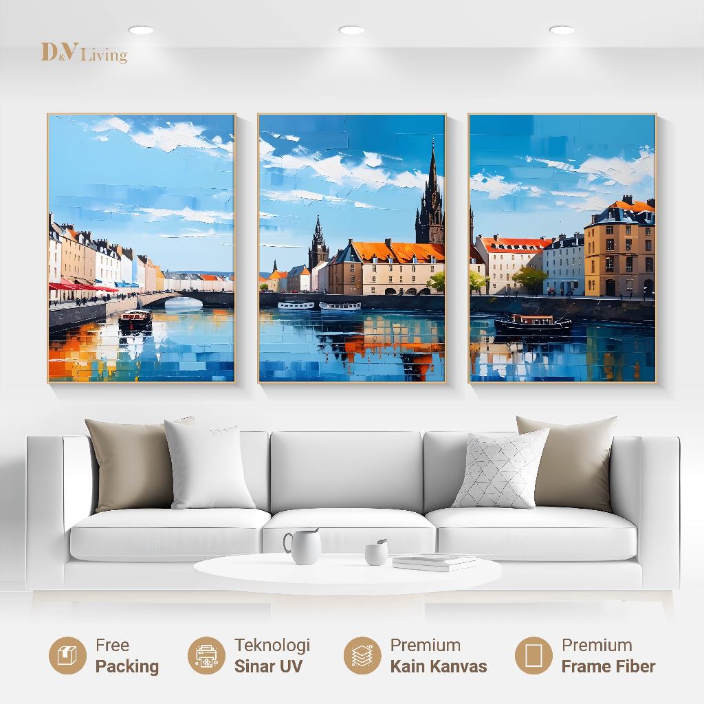 DVLIVING Set 3 PCS Hiasan Dinding Ruang Tamu (80×57, 40×57, 30×40) – Lukisan Canvas Kota Eropa Tepi 