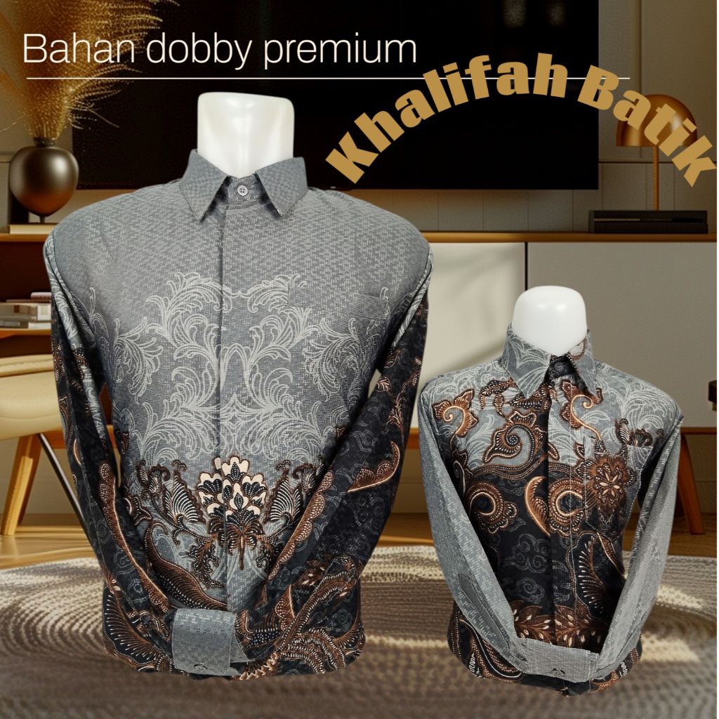 Kemeja Batik warna Abu-abu Pasangan Ayah Anak Bahan Dobby Premium