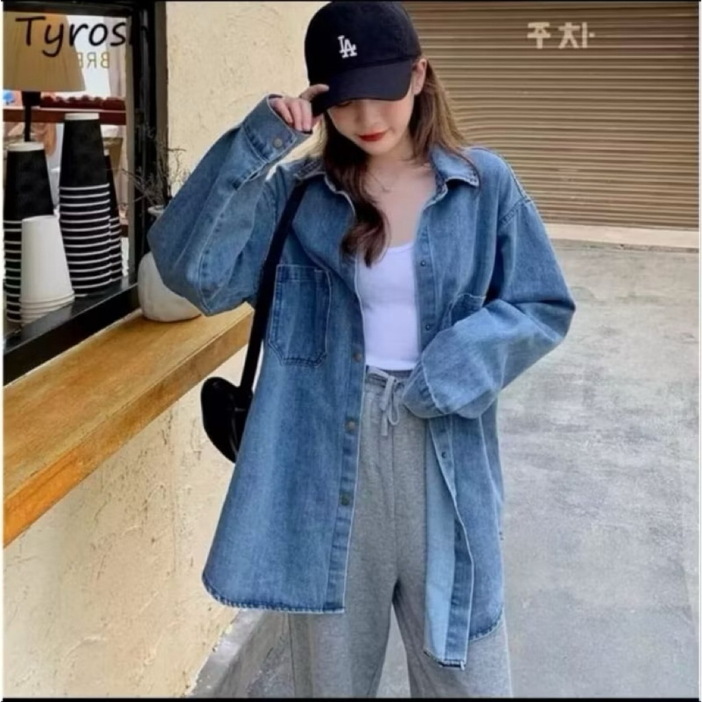 VINLAF - Kemeja Jeans Oversize - Atasan Jeans Oversize Wanita - Jeans Kekinian Wanita