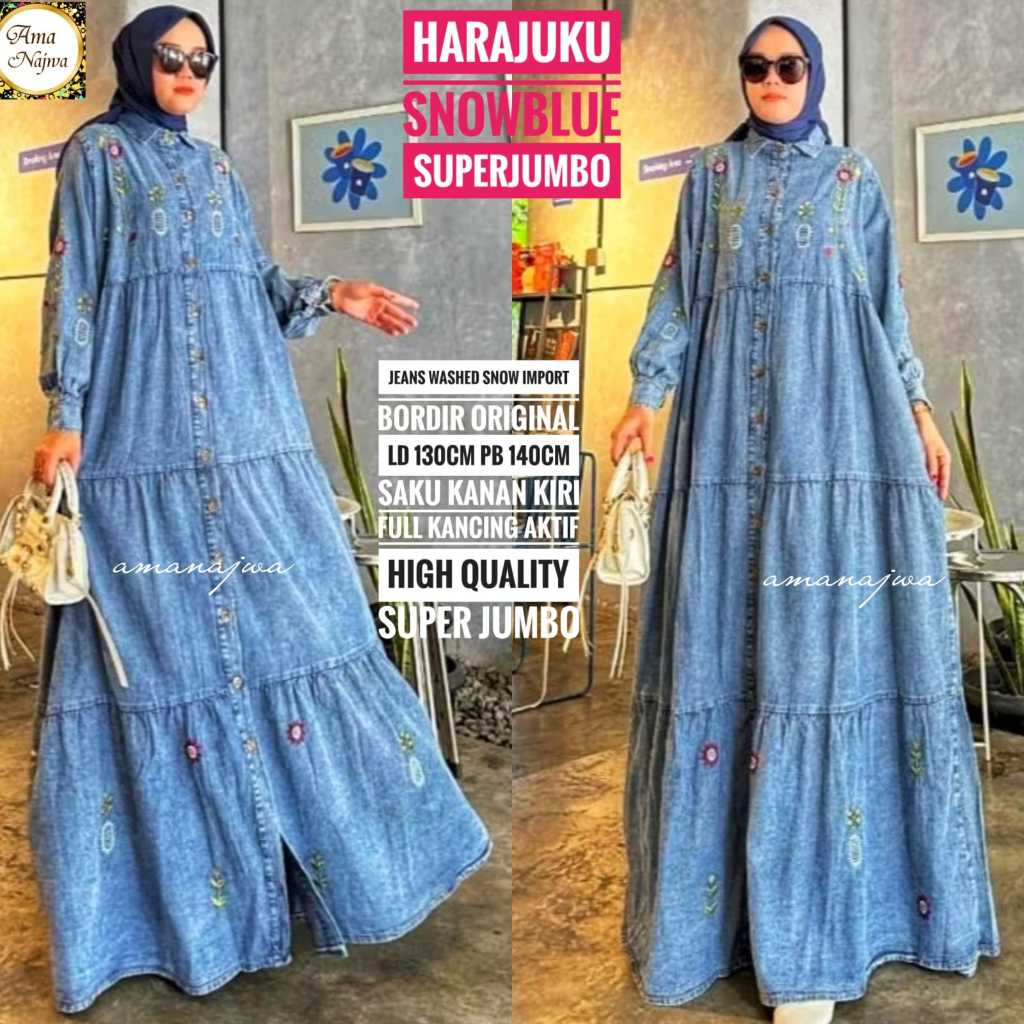 Harajuku maxy dress baju gamis jubah wanita jumbo ld 130 jeans washed snow import polos bordir ori