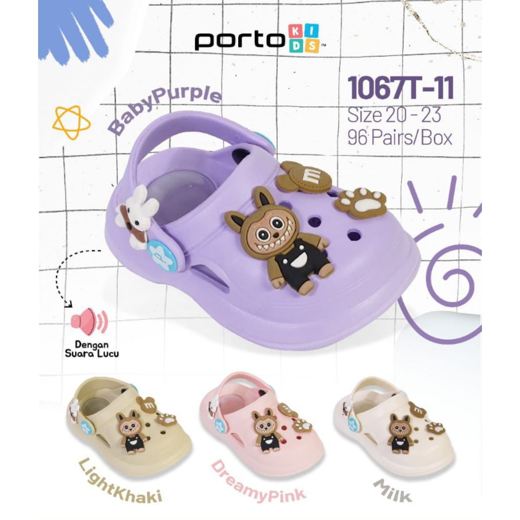 sandal anak porto labubu bunyi CIT CIT, untuk anak 0-3 tahun model slip on