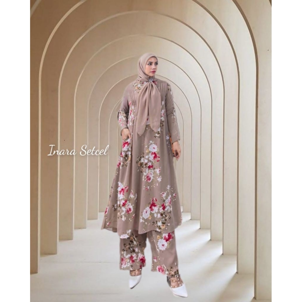 Inara setcel wanita motif bunga long tunik panjang celana kulot panjang ceruti