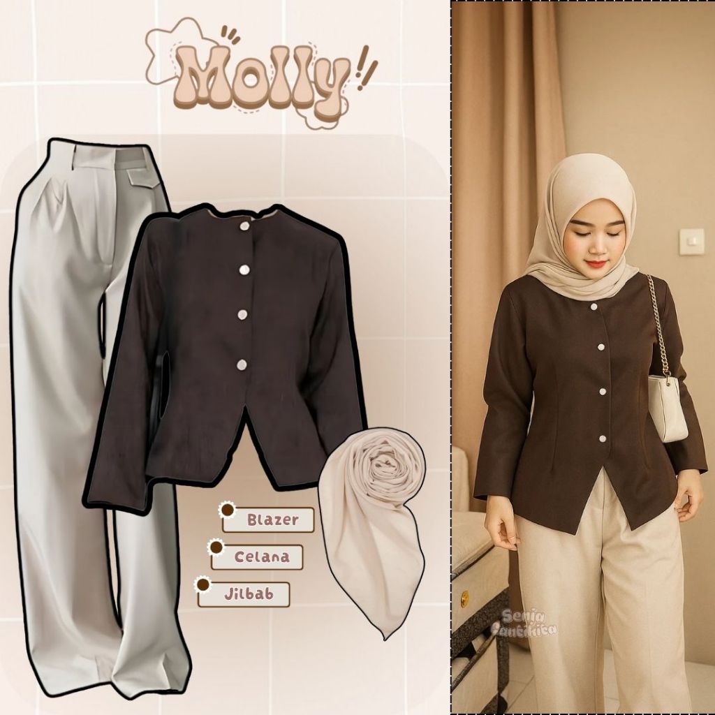 One Set 3in1 Molly (Blazer Alexa Coklat, Celana Oro Pants ivory dan Jilbab Biscuit) - SC026