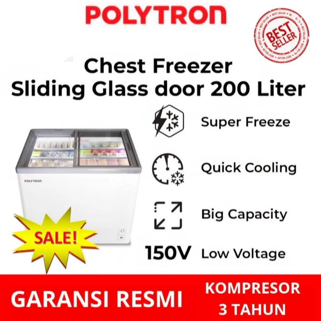 POLYTRON CHEST FREEZER SLIDING GLASS 200 LITER PCF 229 BOX PEMBEKU TUTUP KACA GESER