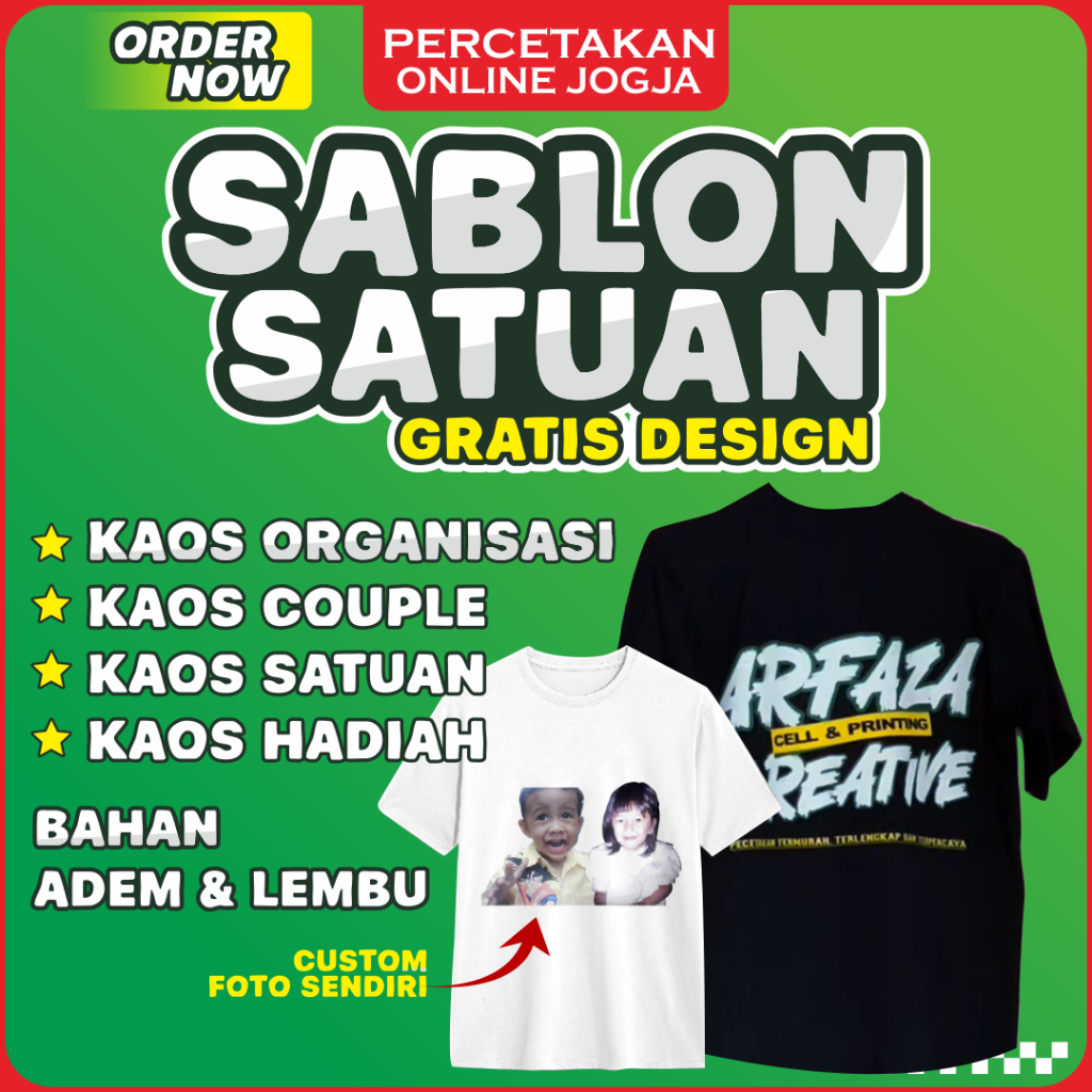 Kaos Sablon Foto Custom – Desain Bebas, Cetak Satuan