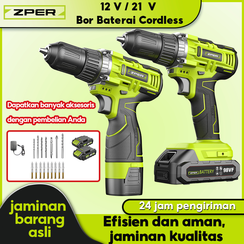 ZPER Bor Battery 12V/21V  3 Speed Bor Listrik  Mesin Bor Baterai Tangan Cordless Drill Battery impac