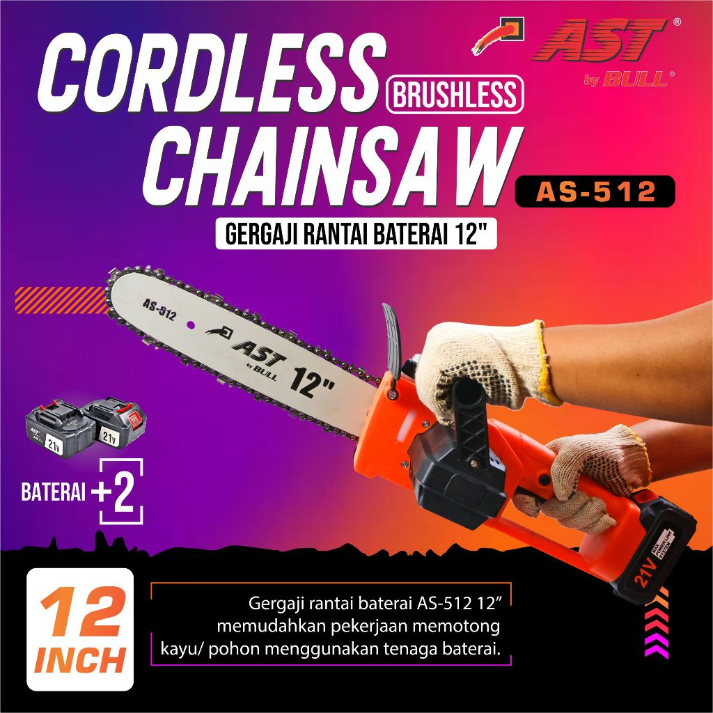 AS-512 AST Cordless Chainsaw 12" - Mesin Chainsaw Baterai 12inch ( Set 2Baterai)