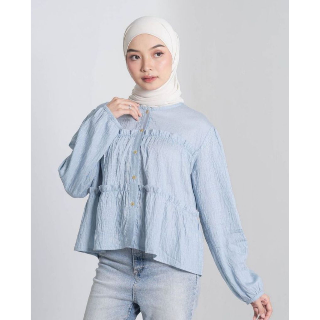 INSTORE - Neona Blouse Kemeja Crop Top Outfit Kerja Wanita Rempel Susun Depan Belakang Lengan Balon 