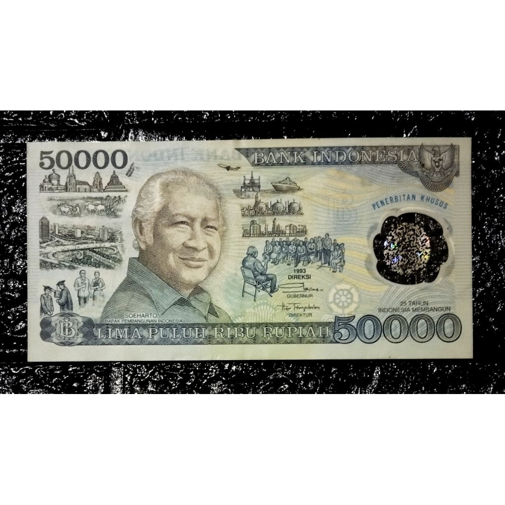 Penerbitan khusus, duit kuno asli 50000 rupiah suharto thn 1993 bahan polimer plastik, kondisi gress