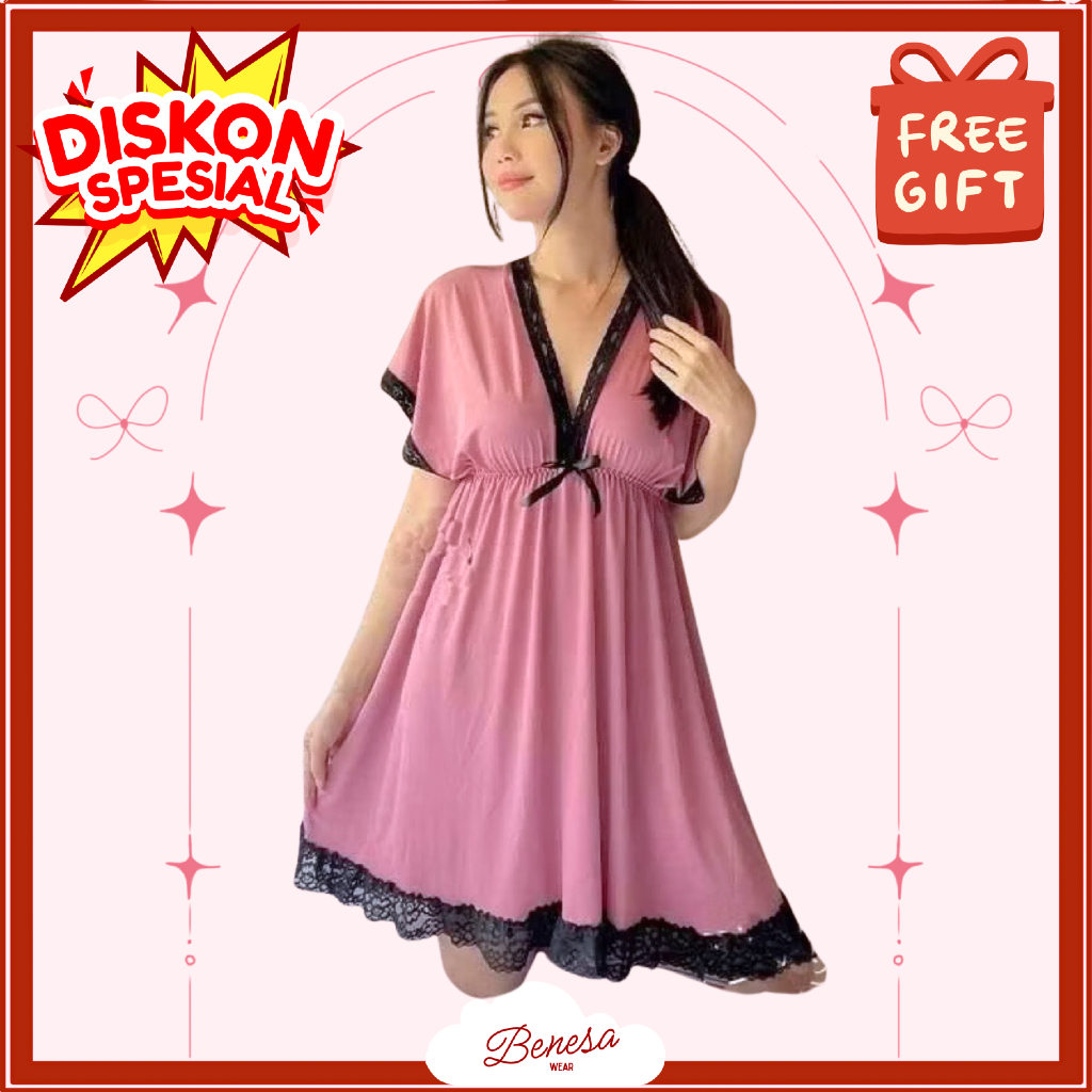 Benesa Wear - Daster Lace Wanita -  Baju Tidur Setelan Piyama Dress Kimono Lingerie Celana Panjang P