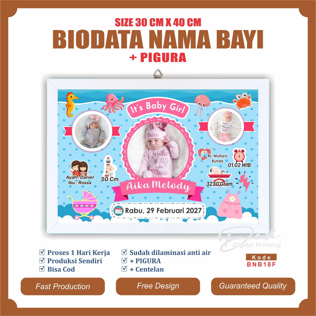 Biodata Kelahiran Bayi + Pigura Ukuran Jumbo 12 RS 30 cm x 40 cm BNB18