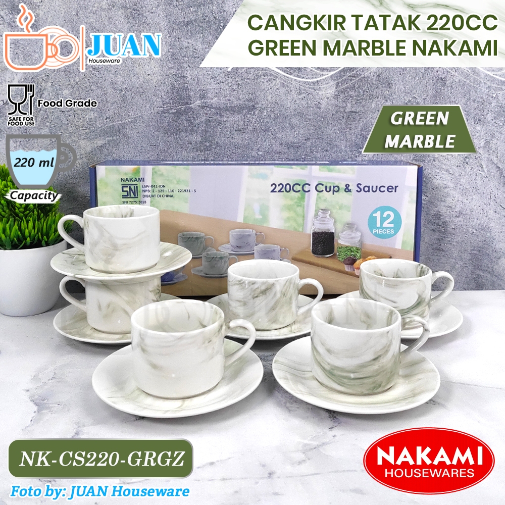 NAKAMI Cangkir set 6 Pasang Motif Green Marble 220ml / Cangkir Teh Cantik Estetik / Cup And Saucer