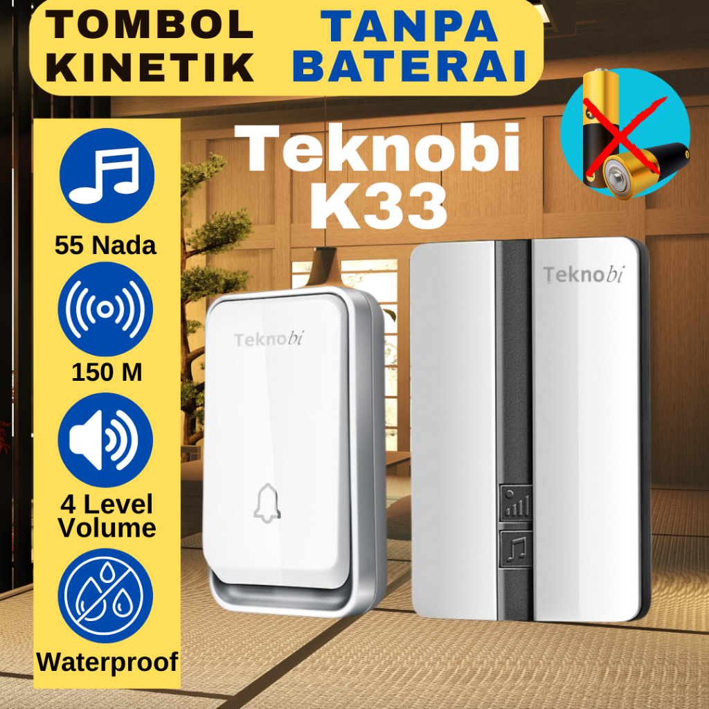 Teknobi K33 Bel Rumah Wireless Waterproof Doorbell Bel Kinetik Tanpa Baterai