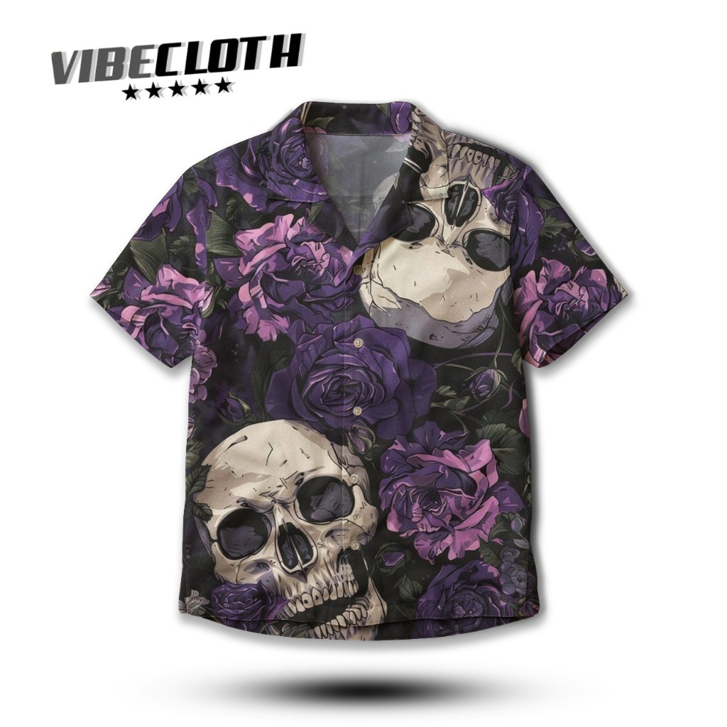 VIBECLOTH Kemeja Pria / Unisex Full Print Oversize Motif Tengkorak Bunga Mawar Ungu Kemeja Streetwea