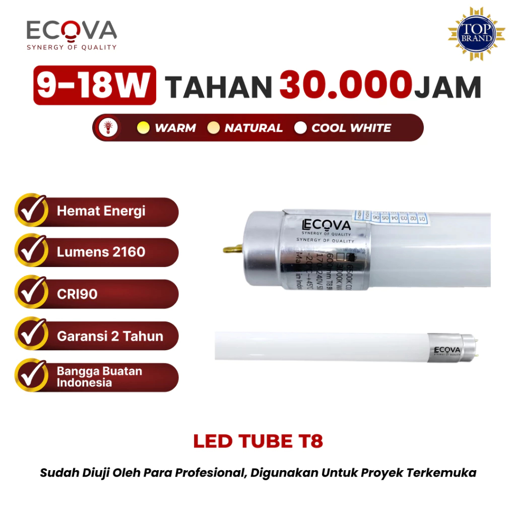 ECOVA -LAMPU T8 LED 40 WATT 120 CM (HANYA LAMPU)BODY FITTING ALUMUNIUM 6500K Putih