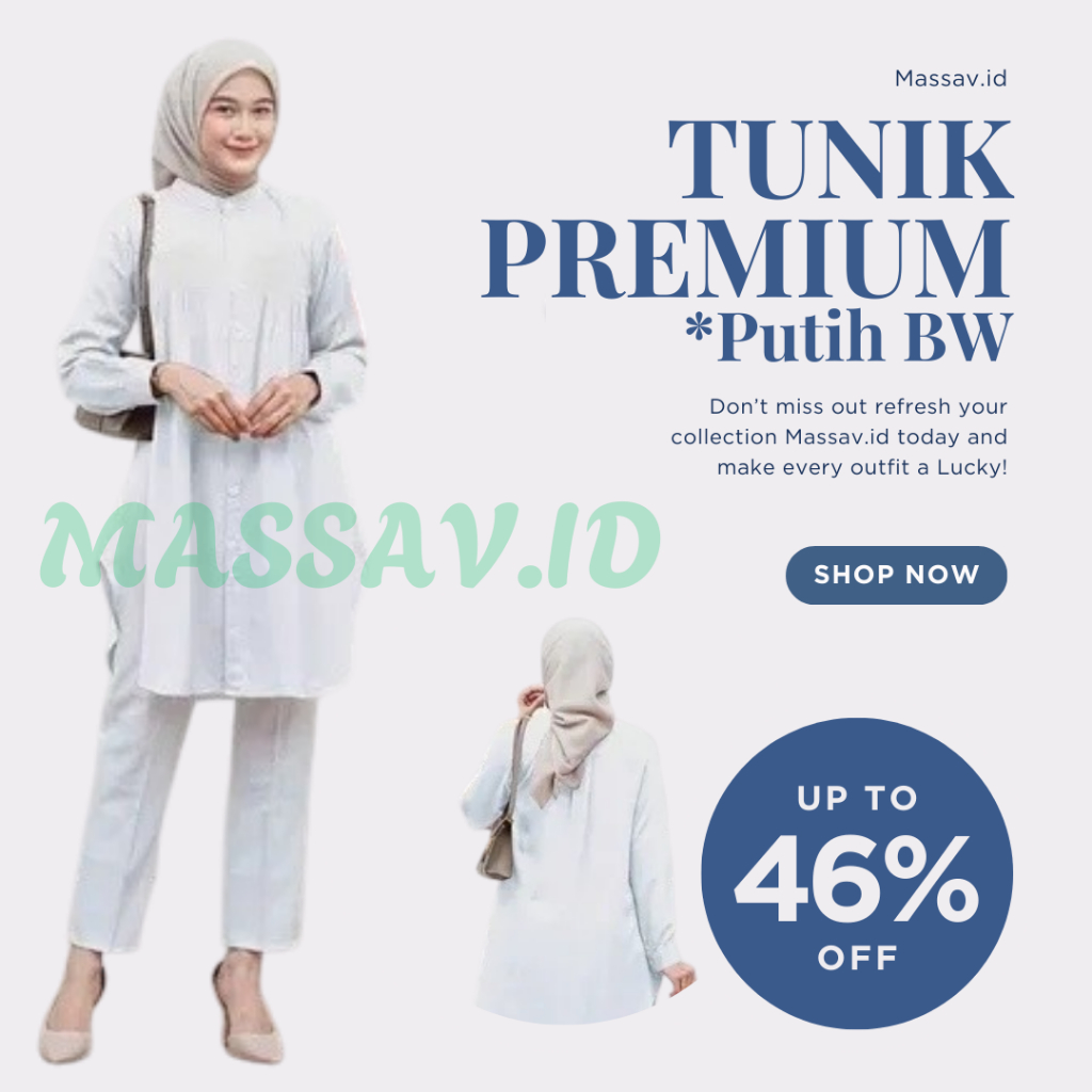 Massav.id Tunik Wanita Polos Rayon Twill Premium Warna Putih Bw Lengan Panjang Atasan Muslimah Modis