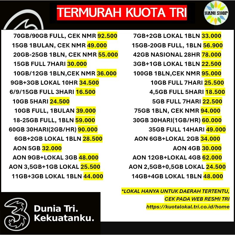 [TERMURAH] Three Kuota Data Internet LTE 33GB 66GB 32GB Kuota Tri Happy Aon Getmore Data Tri Mini