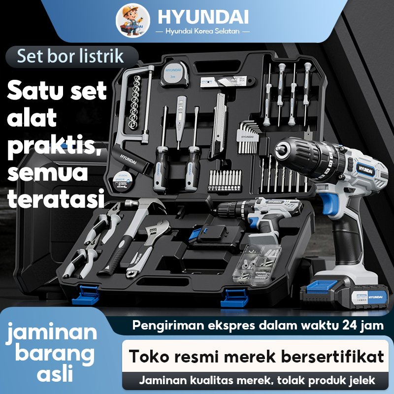 HYUNDAI Mesin Bor Listrik 21V Set Lengkap Baterai Cordless Alat Tukang Obeng Palu Pita Pengukur