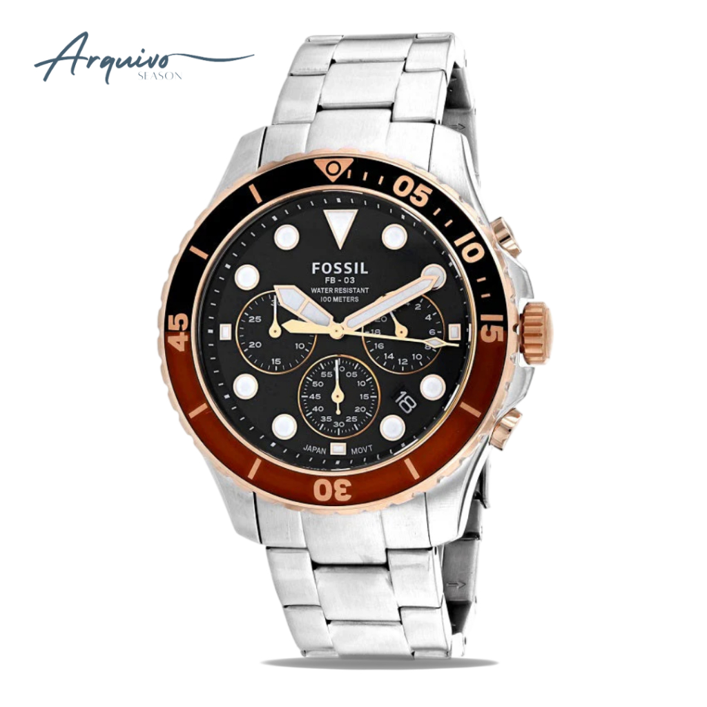 Jam Tangan Pria Fossil FB-03 Chronograph Men Black Dial Silver Stainless Steel Strap Mewah Sporty Or