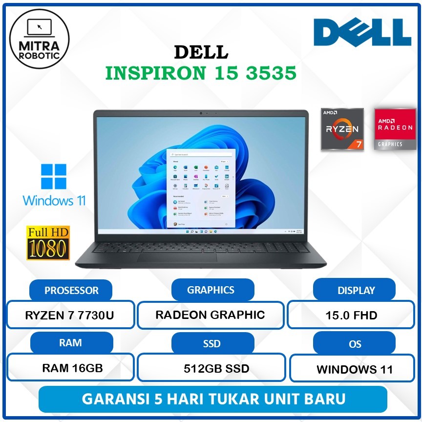 Laptop Dell Inspiron 15 3535 Ryzen 7 7730U 16GB 512GB Radeon Graphic FHD Win 11