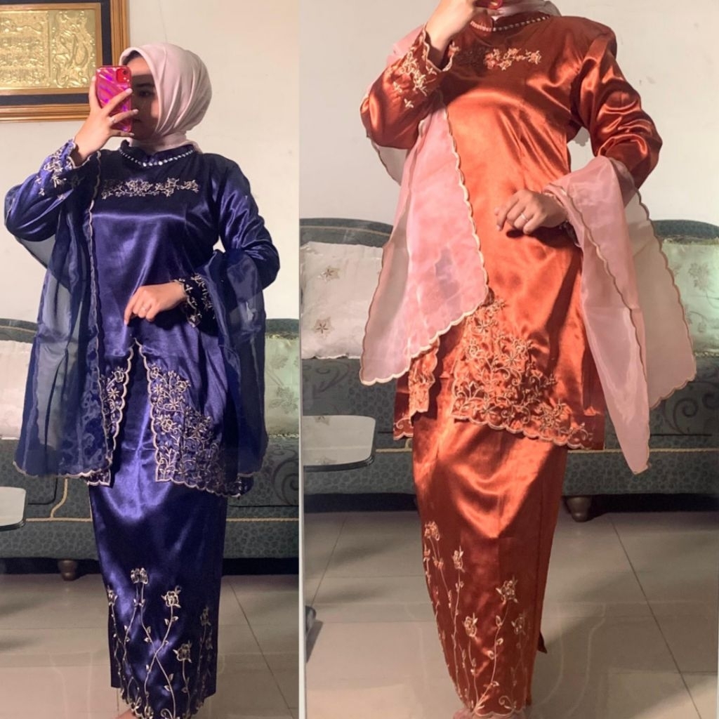 Setelan Kurung Malaysia Bordir Payet Yamaha Silky Premium/Baju Wanita Siap Pakai/Rok Spand/Salendang