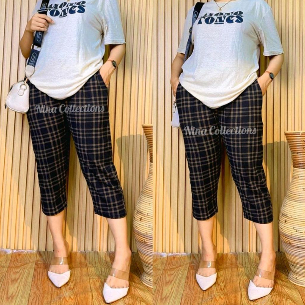 (Kotak) CELANA 3/4 JUMBO WANITA / CELANA KOTAK KOTAK CEWEK BIG SIZE / CELANA KAIN / WAFLE LIPIT / CE
