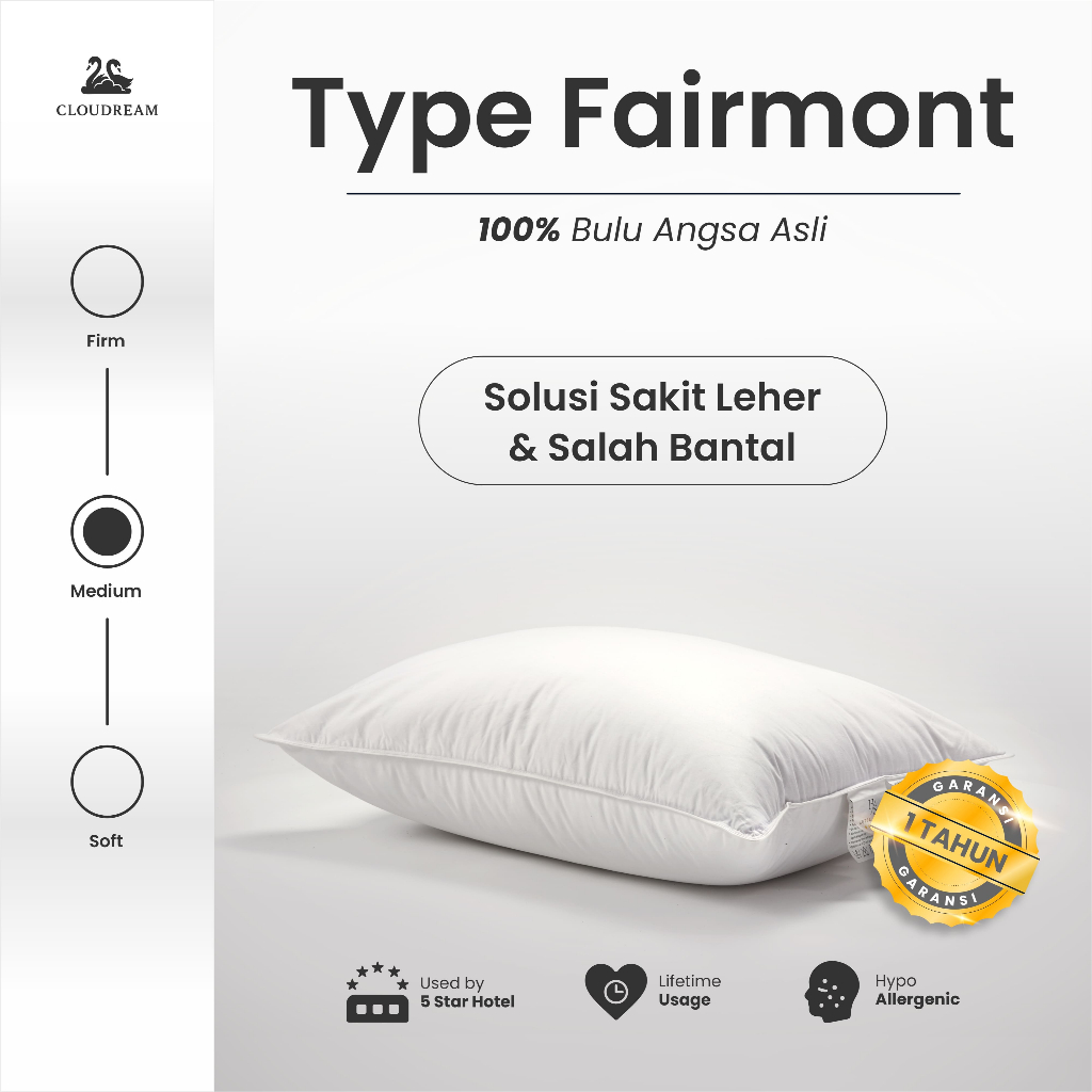 Bantal Bulu Angsa Asli Hotel Fairmont | Medium Feel | Empuk, Premium & Anti Kempes | Garansi 1 Tahun