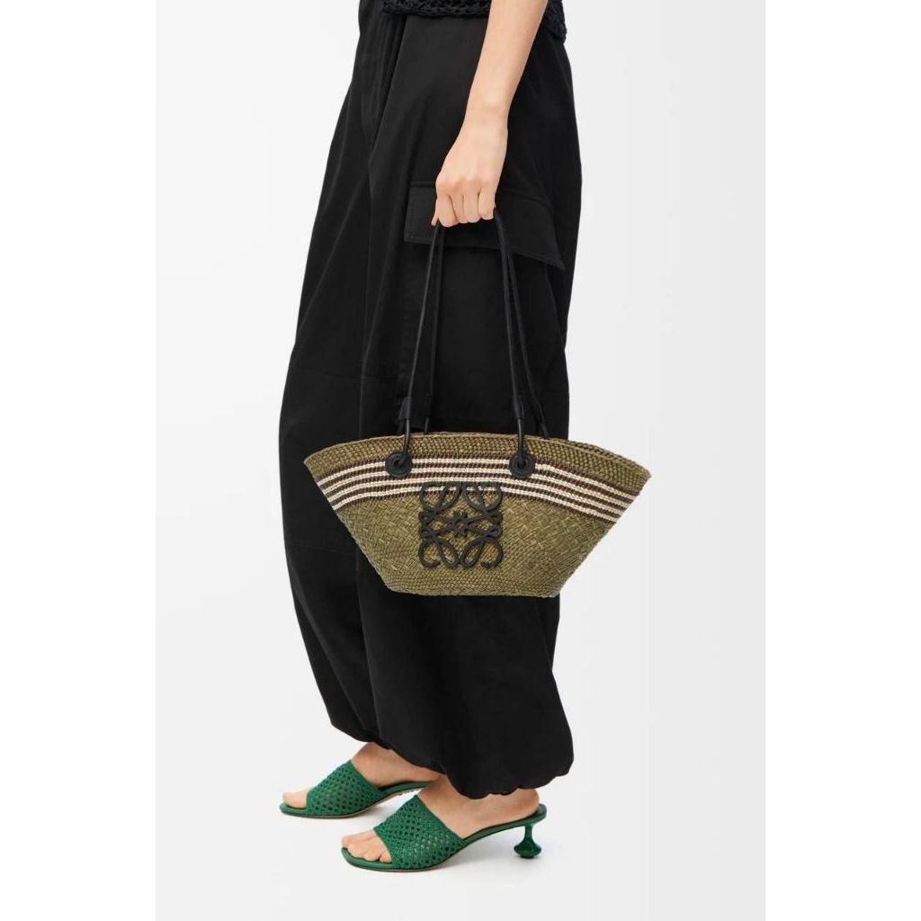 Loewe small anagram basket bag in dark khaki/ black iraca palm