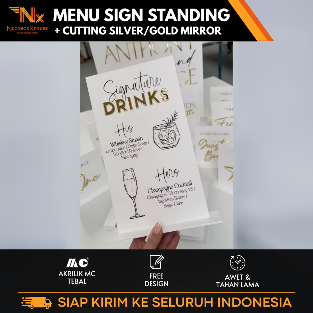 Bar Menu Aesthetic│Bar Menu Akrilik Estetik│Standing Bar Menu + Cutting Akrilik Gold/Silver Mirror│T