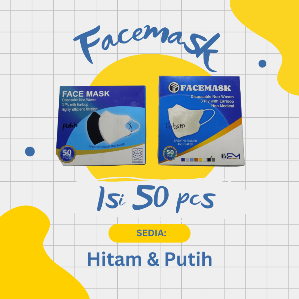 Masker Face Mask Duckbill 3 Ply Non Woven Hitam/Putih Isi 50 pcs