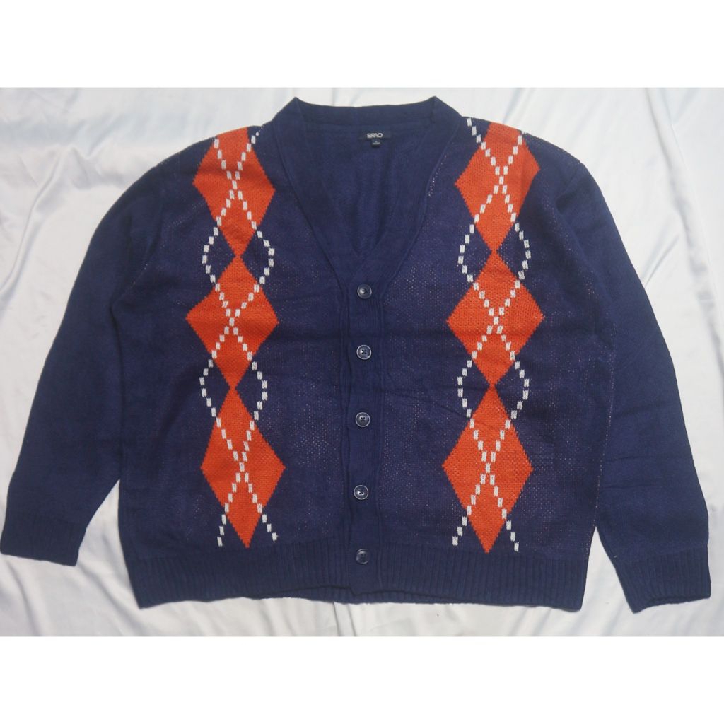 SPAO Cardigan Argyle Oversized Ketupat Motif Blue Biru Orange Knitwear Sweater Sweatshirt Crewneck R