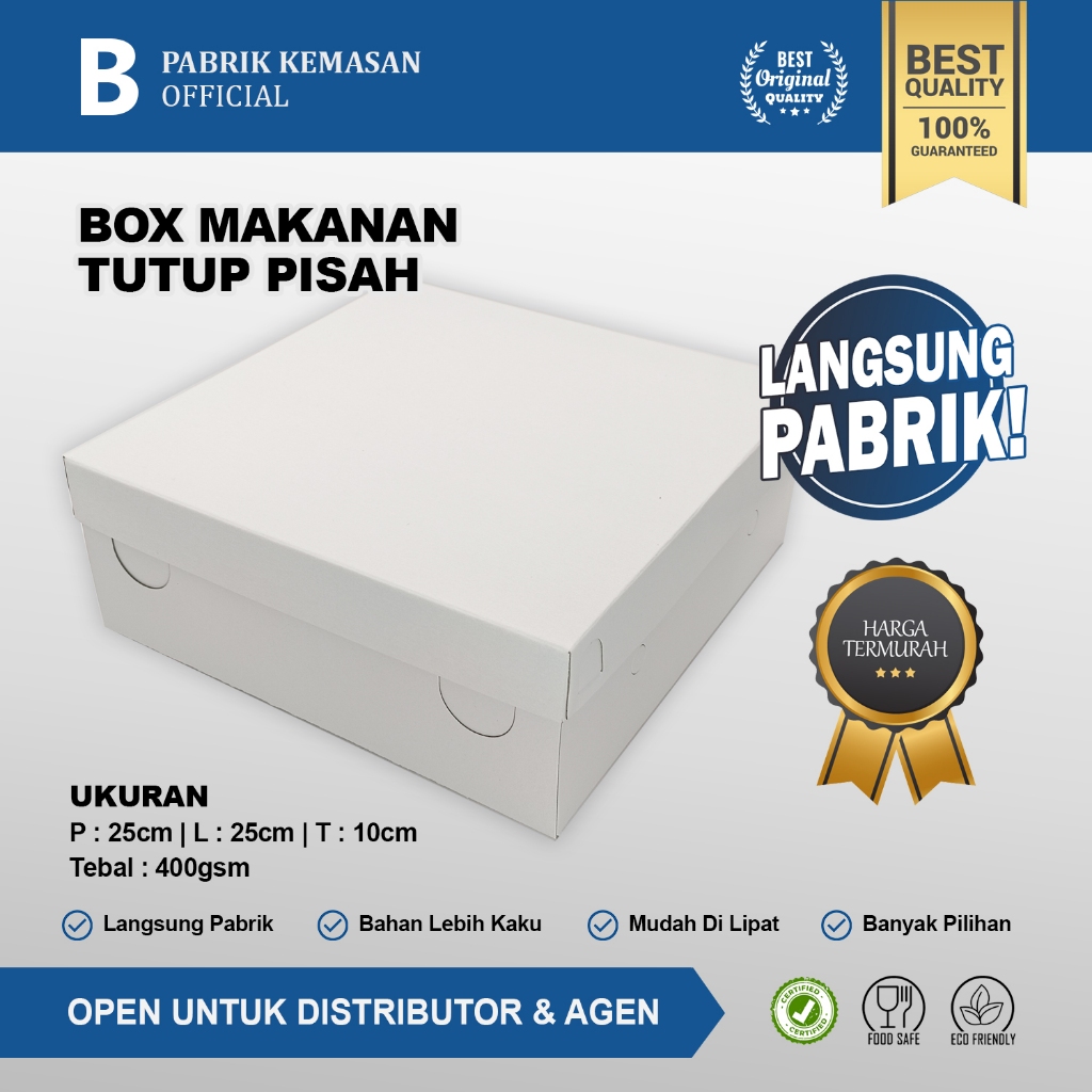 

HARGA PABRIK Isi 250 (Per lembar Rp 2.060,-) Box Kue Kotak Nasi Catering Hajatan 25x25 I Putih Polos