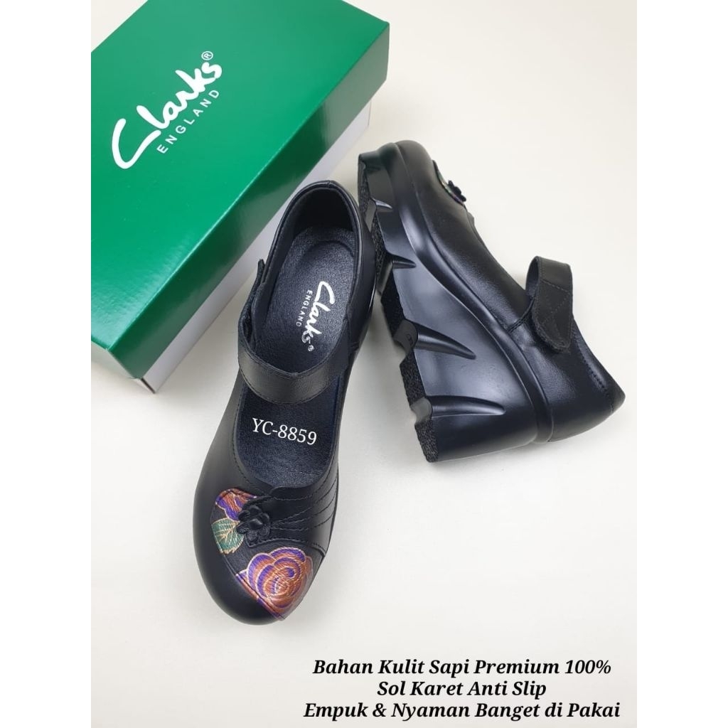 Sepatu Kulit ASLI TERNYAMAN*Clarks YC-8859 Un Adorn Strap Flower Wedge 7cm*ORIGINAL KULIT ASLI 100%