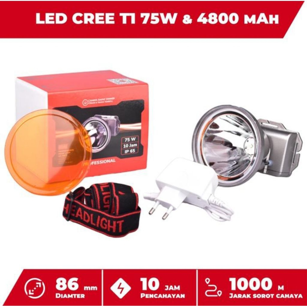 Senter Kepala LED 75W AOKI AK-H075 Super Terang Waterproof Jarak Jauh 1000m Tahan 10 Jam