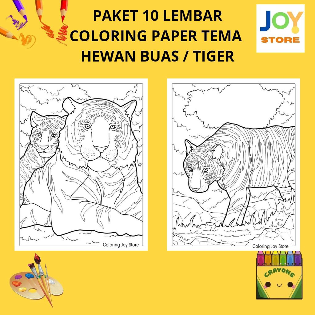 

PAKET 10 Lembar Kertas Gambar Mewarnai Tema Hewan Buas : Tiger / Macan / Harimau Ukuran A4 150 gsm - Coloring Paper 165