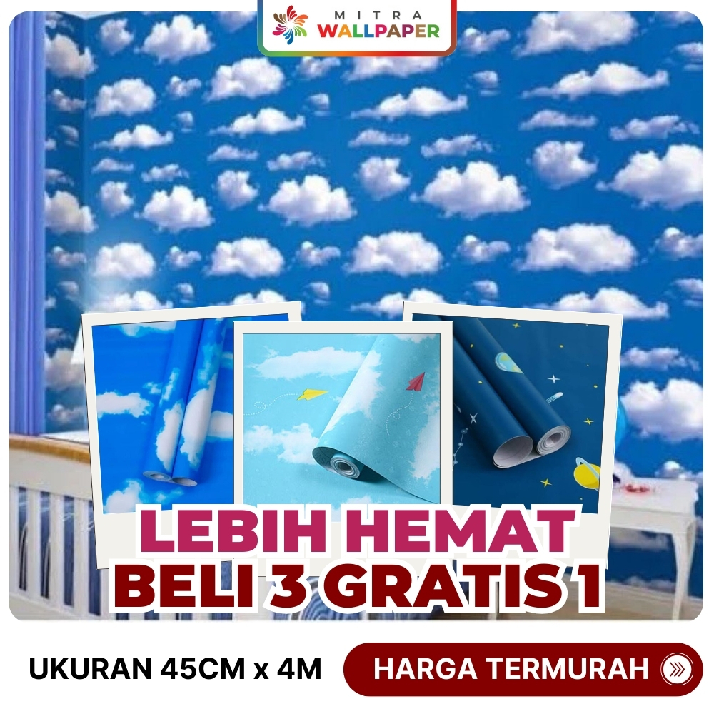 Wallpaper Stiker Dinding Kamar Tidur Anak Laki Laki Perempuan Motif Langit Biru Bintang KOMBO HEMAT