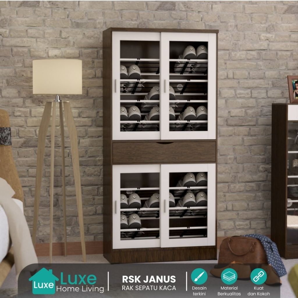 LUXEHOMELIVING - Lemari Sepatu Jumbo Kaca Sliding Series Janus Aesthetic Terbaru