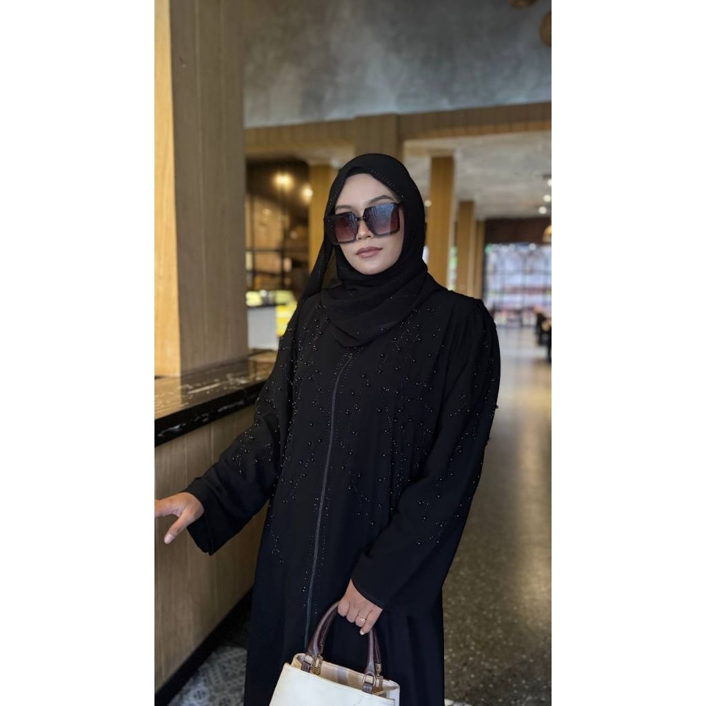 abaya ziper daun black