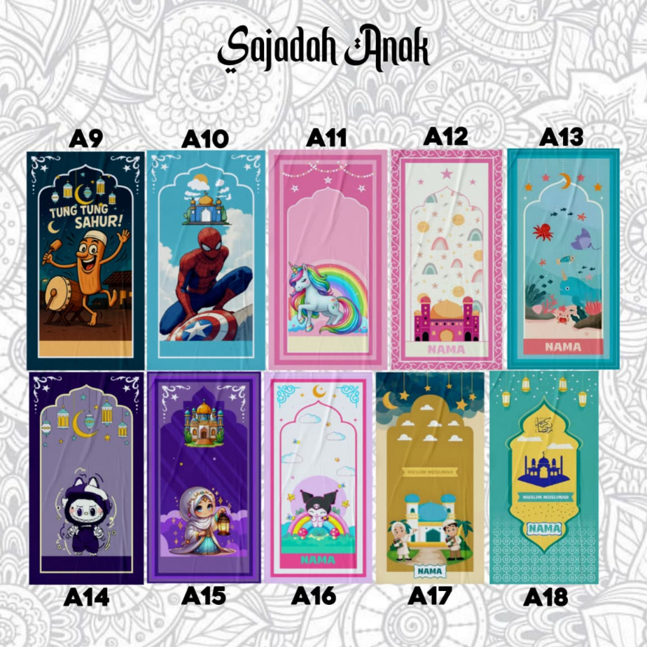 SAJADAH ANAK CUSTOME / GRATIS NAMA KARAKTER LAKI - LAKI DAN PEREMPUAN GROSIR FULL PRINTING